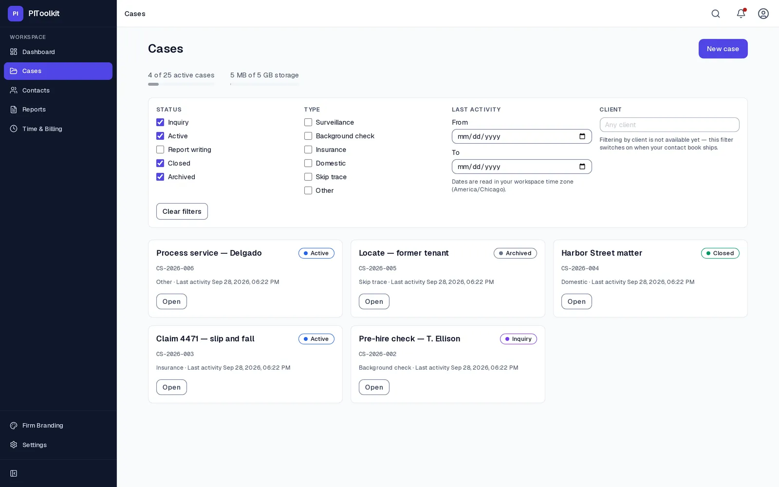 The case list in PIToolkit's development build. Filters for status, type, last activity and client sit above five case cards, among them “Claim 4471 — slip and fall” (Active), “Harbor Street matter” (Closed) and “Pre-hire check — T. Ellison” (Inquiry), each with its case number, case type and last activity.