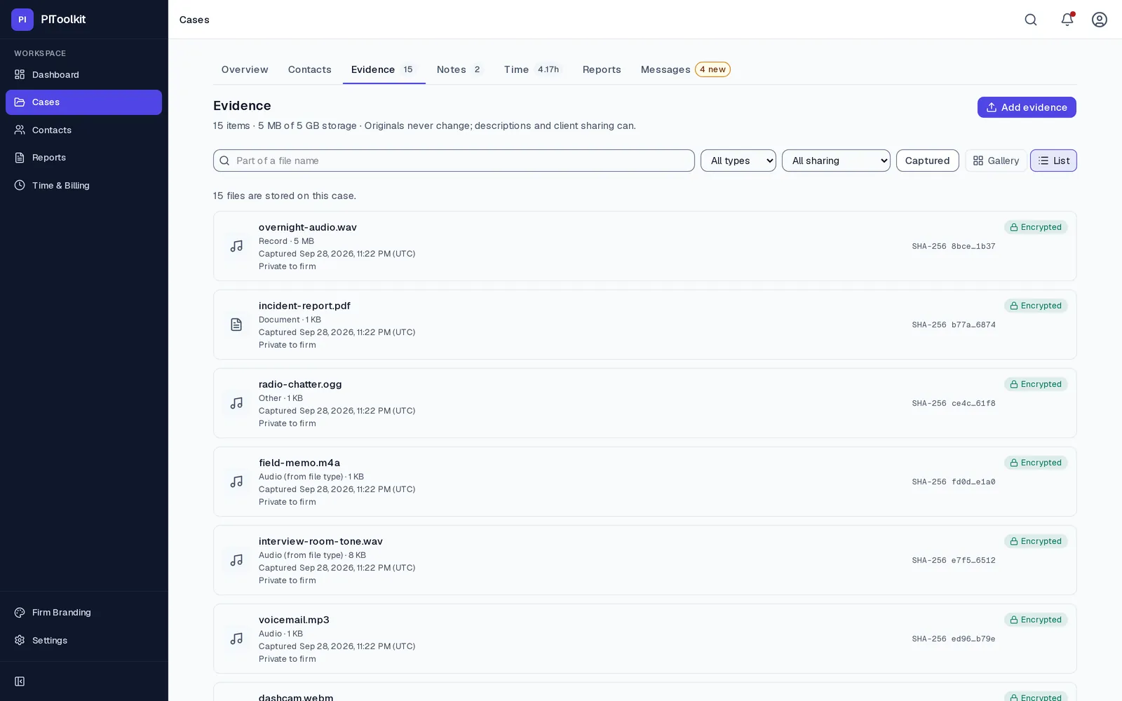 A case's evidence tab in list view: 15 files stored, each marked Encrypted, with its type, size, capture time, who it is shared with and a shortened SHA-256 fingerprint. A file-name search and type and sharing filters sit above the list.