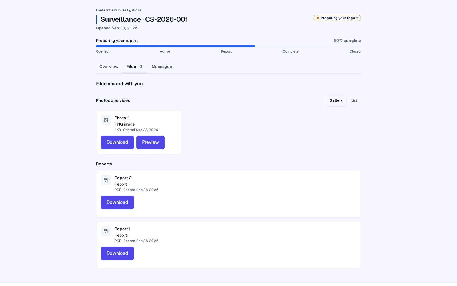 The Files tab of a case in the client portal: a photo shared with the client, with Download and Preview buttons, and under Reports two published reports, each a PDF with a Download button.